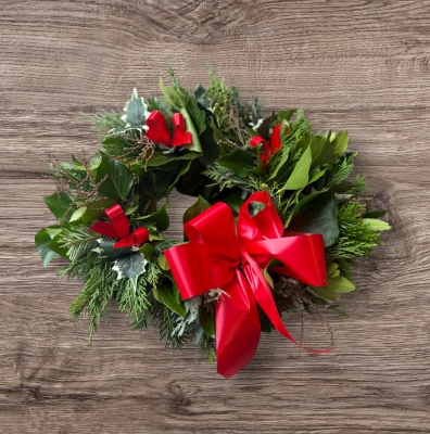 Christmas wreath for Grave with ribbon.