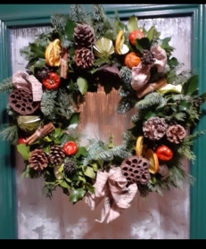 Christmas Door Wreath (fresh foliages and dried fruits, cones)
